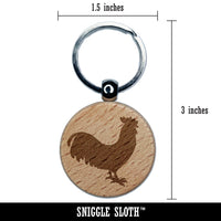 Rooster Chicken Standing Solid Engraved Wood Round Keychain Tag Charm