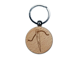 Sewing Needle and Thread Engraved Wood Round Keychain Tag Charm