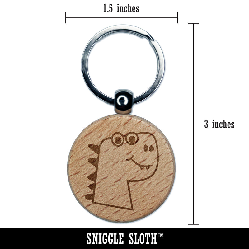 Silly Dinosaur Head Doodle Engraved Wood Round Keychain Tag Charm