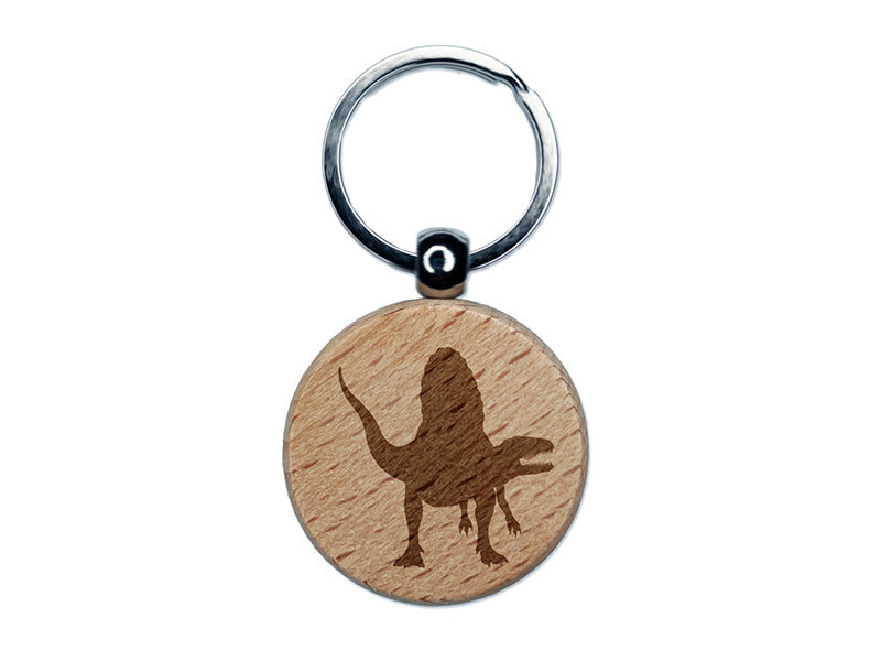 Spinosaurus Dinosaur Solid Engraved Wood Round Keychain Tag Charm