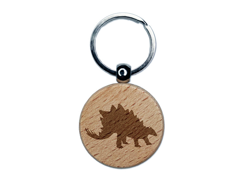 Stegosaurus Dinosaur Solid Engraved Wood Round Keychain Tag Charm