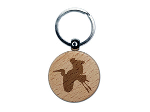 Stork Flying Solid Engraved Wood Round Keychain Tag Charm