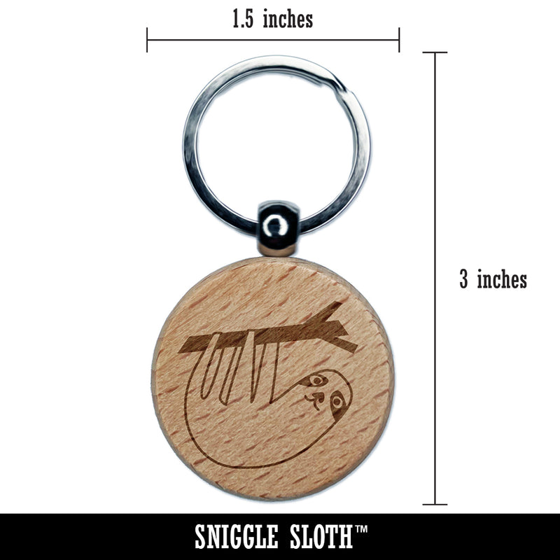 Sweet Sloth Hanging from Tree Engraved Wood Round Keychain Tag Charm