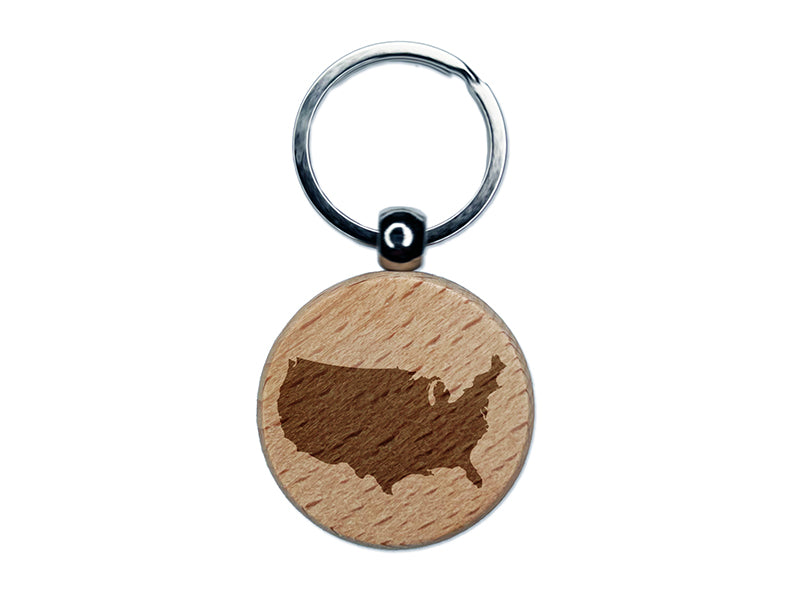 USA United States of America Solid Engraved Wood Round Keychain Tag Charm