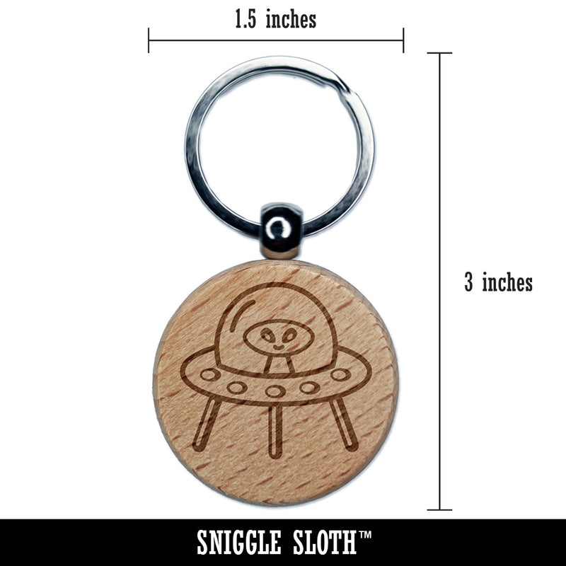 Alien Space Ship UFO Engraved Wood Round Keychain Tag Charm