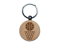 Basketball and Hoop Engraved Wood Round Keychain Tag Charm