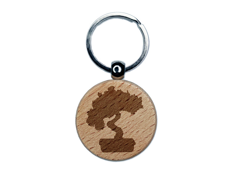 Bonsai Tree Solid Engraved Wood Round Keychain Tag Charm