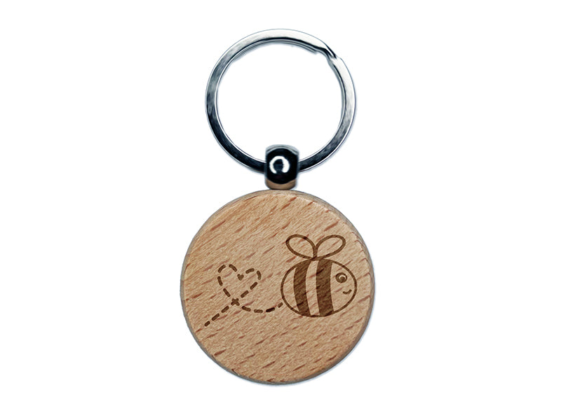 Buzzy Bumble Bee with Heart Engraved Wood Round Keychain Tag Charm