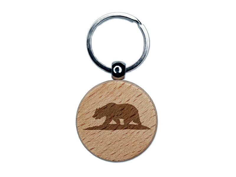 California Flag Bear Solid Engraved Wood Round Keychain Tag Charm