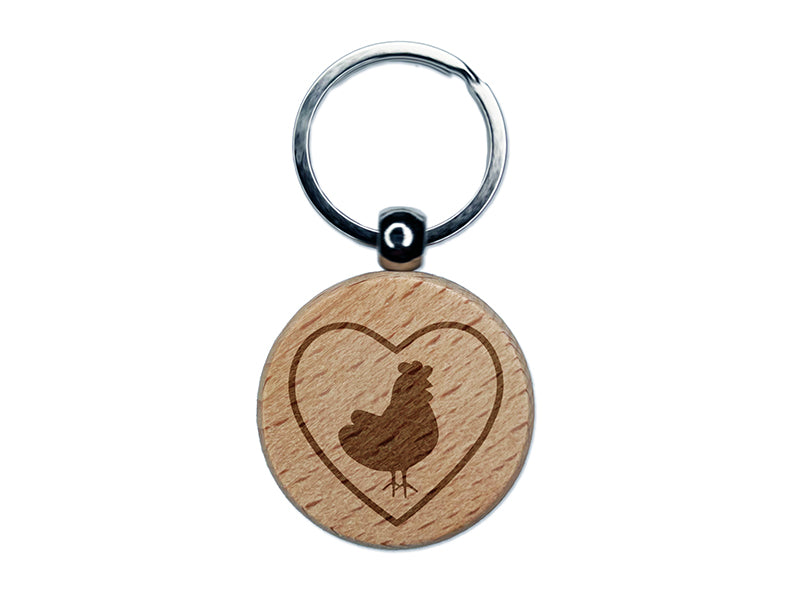 Chicken in Heart Engraved Wood Round Keychain Tag Charm