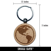 Earth Globe Travel Doodle Engraved Wood Round Keychain Tag Charm