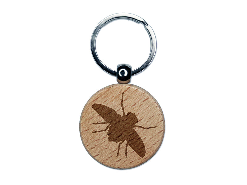 Fly Insect Sketch Engraved Wood Round Keychain Tag Charm