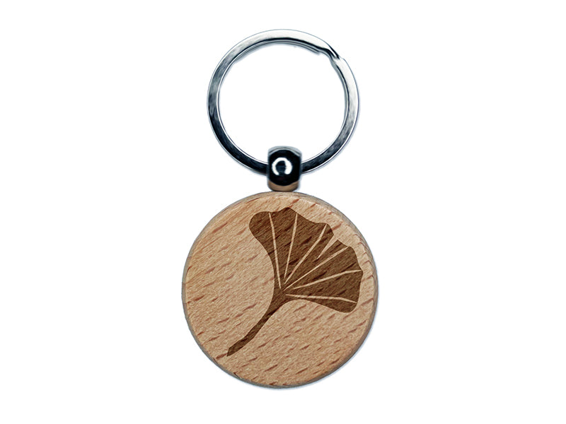 Ginkgo Leaf Engraved Wood Round Keychain Tag Charm