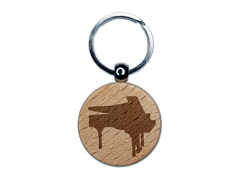Grand Piano Music Instrument Silhouette Engraved Wood Round Keychain Tag Charm