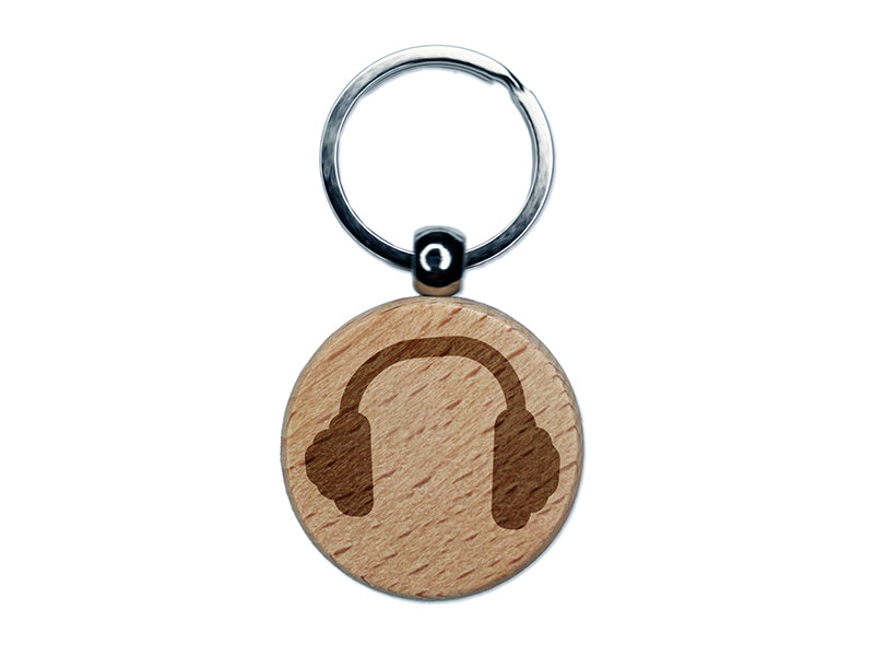 Headphones Ear Solid Engraved Wood Round Keychain Tag Charm