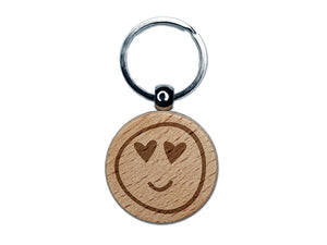 Heart Eye Love Emoticon Face Doodle Engraved Wood Round Keychain Tag Charm