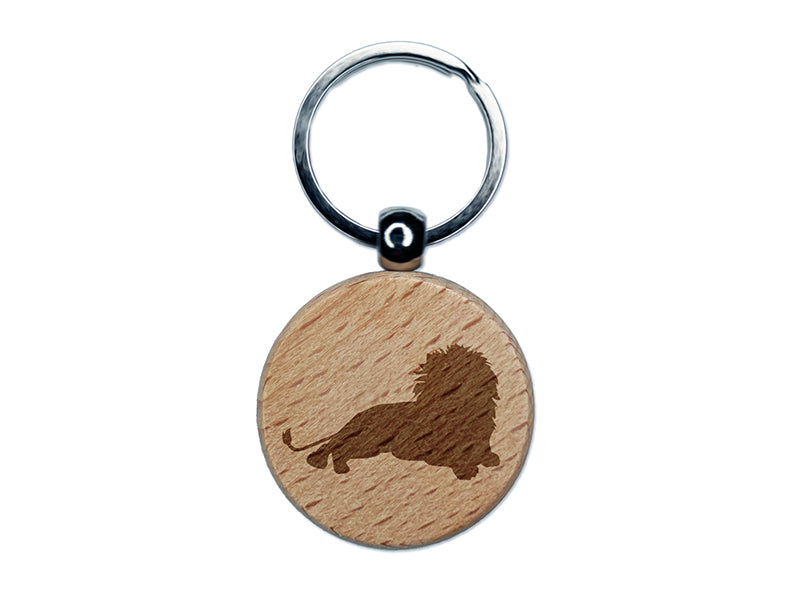 Lion Resting Solid Engraved Wood Round Keychain Tag Charm