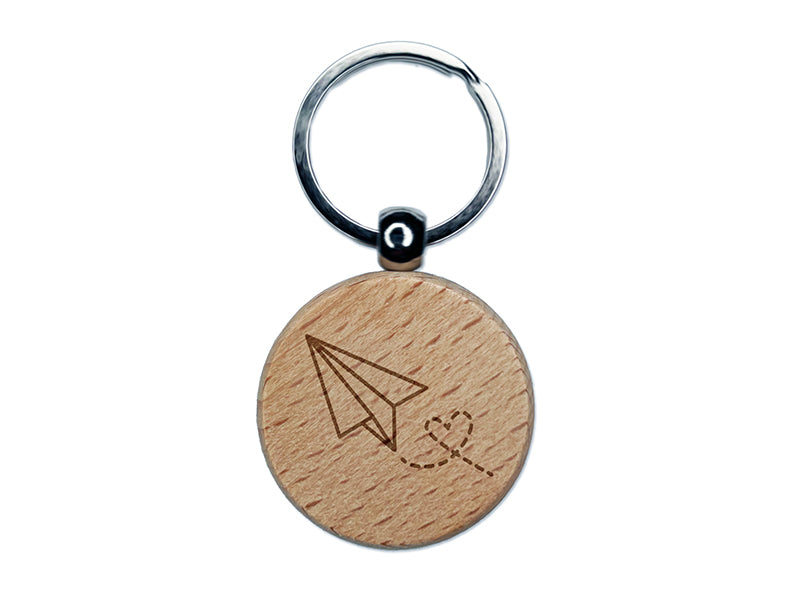 Paper Airplane with Heart Engraved Wood Round Keychain Tag Charm