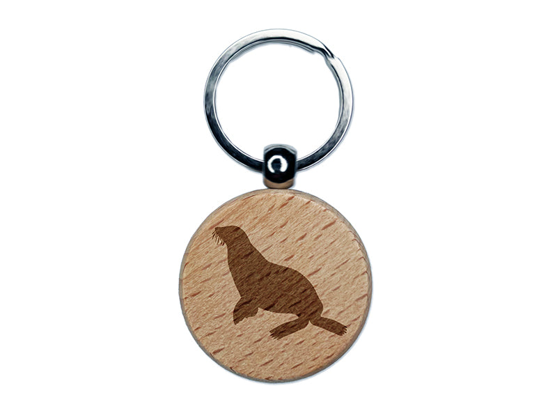 Sea Lion Solid Engraved Wood Round Keychain Tag Charm