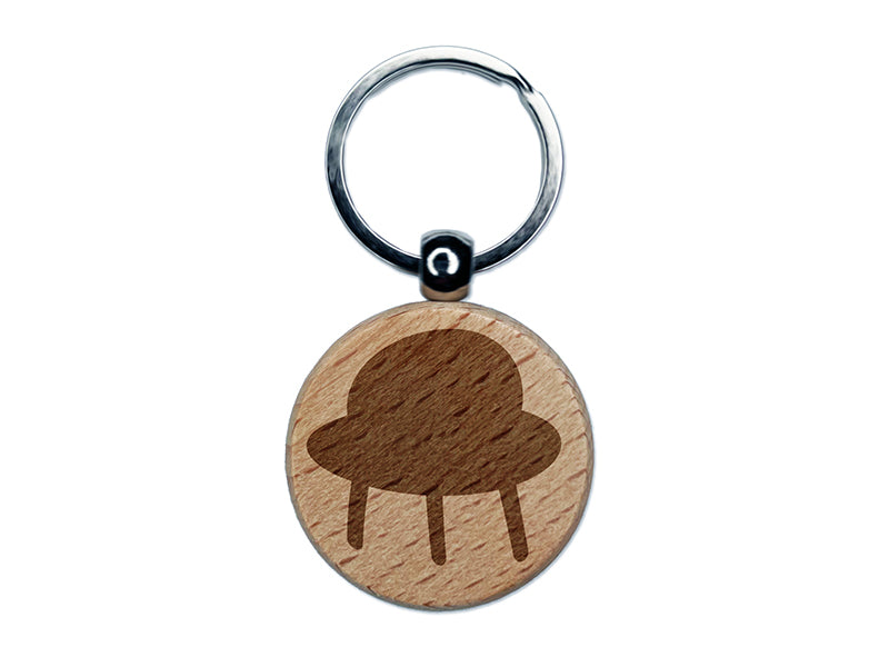 Space Ship UFO Solid Engraved Wood Round Keychain Tag Charm