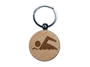 Swimming Symbol Engraved Wood Round Keychain Tag Charm