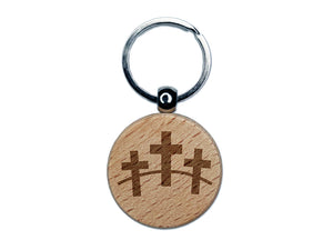 Three Crosses Engraved Wood Round Keychain Tag Charm