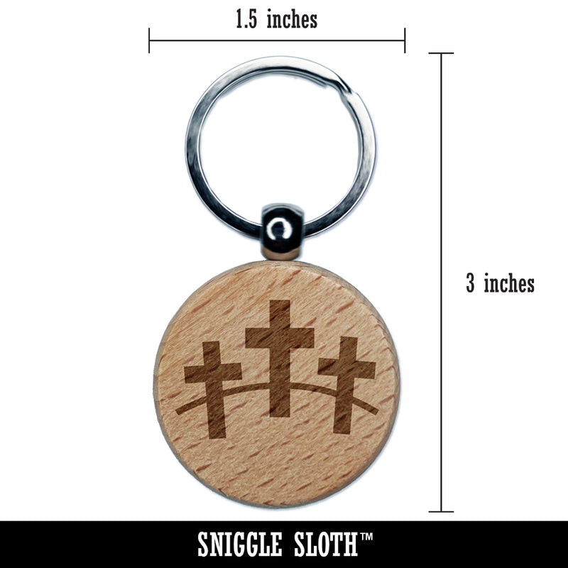 Three Crosses Engraved Wood Round Keychain Tag Charm