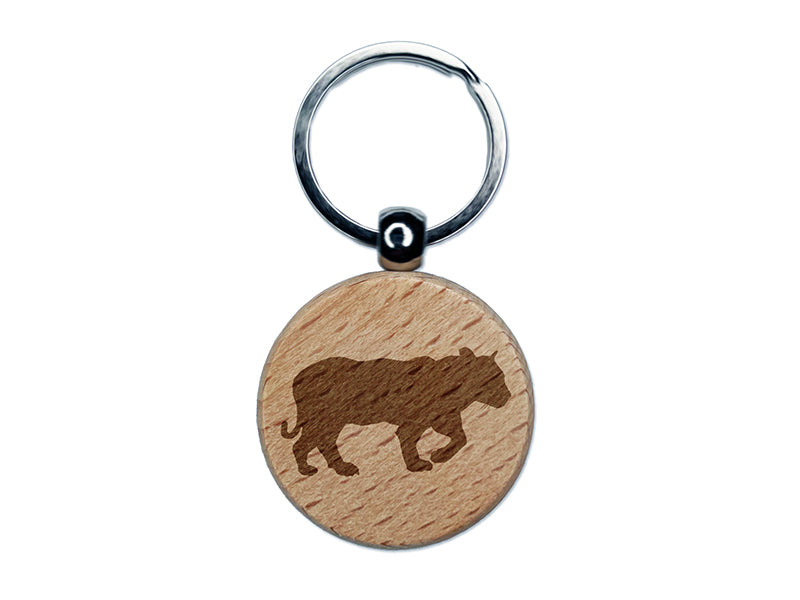 Tiger Walking Solid Engraved Wood Round Keychain Tag Charm