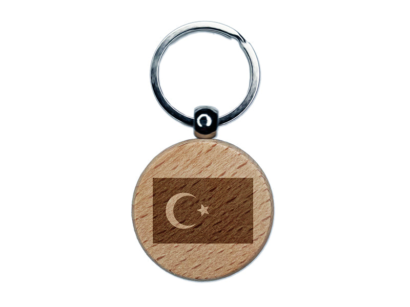 Turkey Flag Engraved Wood Round Keychain Tag Charm