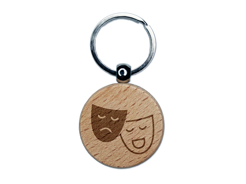 Acting Comedy Drama Masks Theater Carnival Engraved Wood Round Keychain Tag Charm