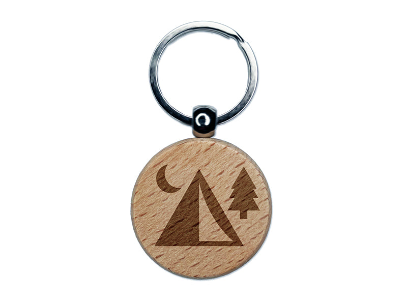 Camping Tent Campsite Engraved Wood Round Keychain Tag Charm