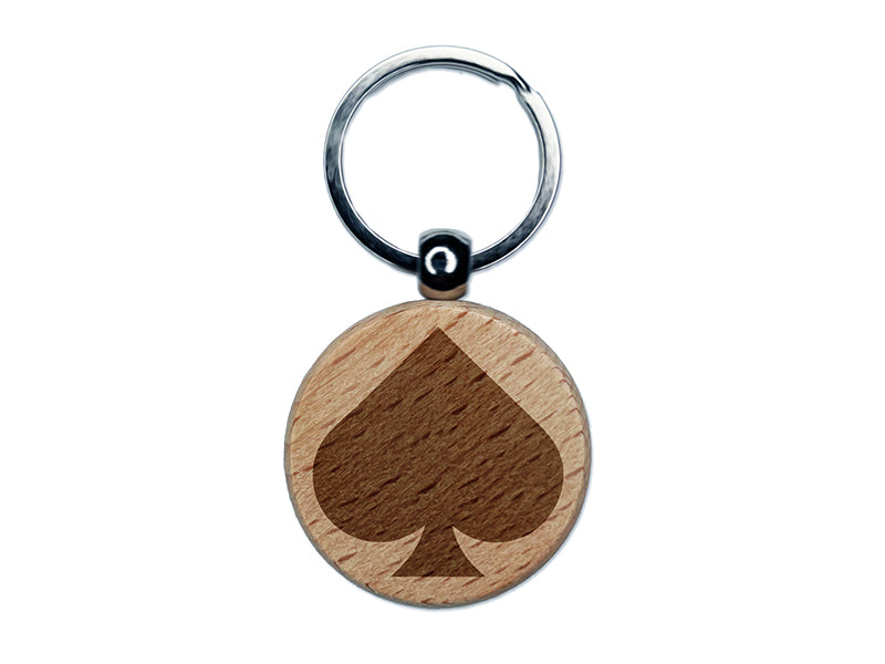 Card Suit Spades Engraved Wood Round Keychain Tag Charm