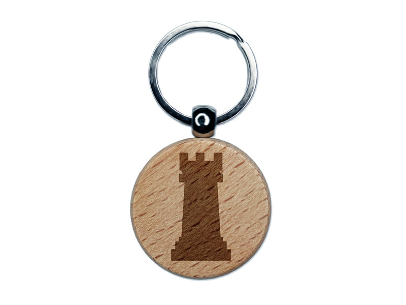 Chess Rook Piece Engraved Wood Round Keychain Tag Charm