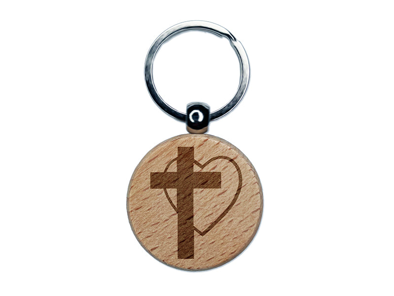 Cross and Heart Love Christian Engraved Wood Round Keychain Tag Charm