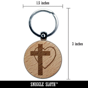 Cross and Heart Love Christian Engraved Wood Round Keychain Tag Charm