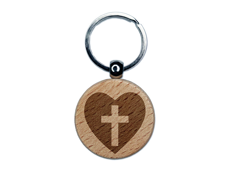 Cross in Heart Christian Engraved Wood Round Keychain Tag Charm