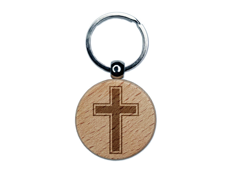 Cross with Outline Christian Engraved Wood Round Keychain Tag Charm