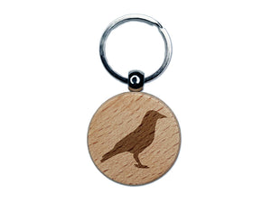 Crow Solid Engraved Wood Round Keychain Tag Charm