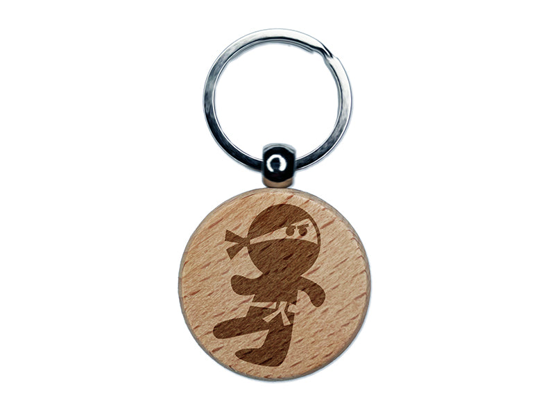 Cute Fighting Ninja Engraved Wood Round Keychain Tag Charm