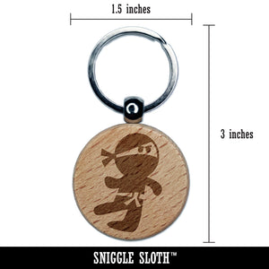 Cute Fighting Ninja Engraved Wood Round Keychain Tag Charm