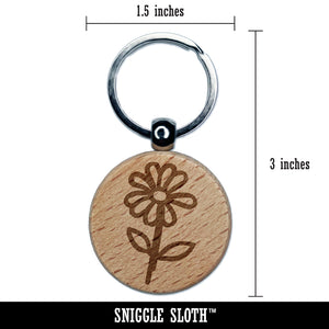 Daisy Flower Sketch Engraved Wood Round Keychain Tag Charm