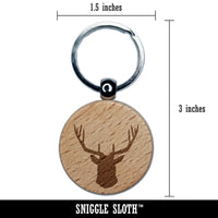 Deer Stag Head Solid Engraved Wood Round Keychain Tag Charm