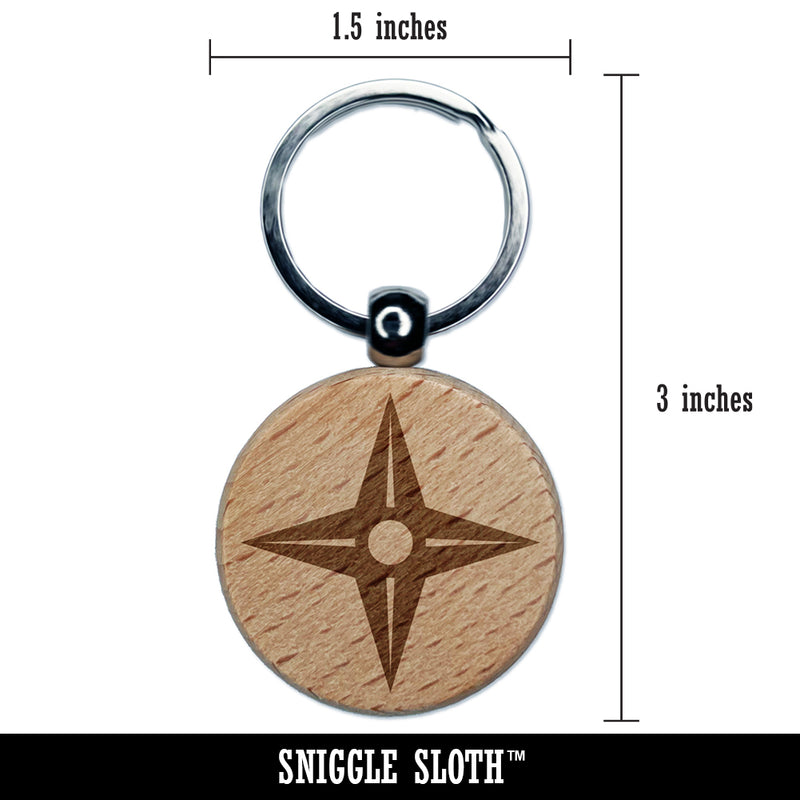 Four Point Ninja Star Engraved Wood Round Keychain Tag Charm