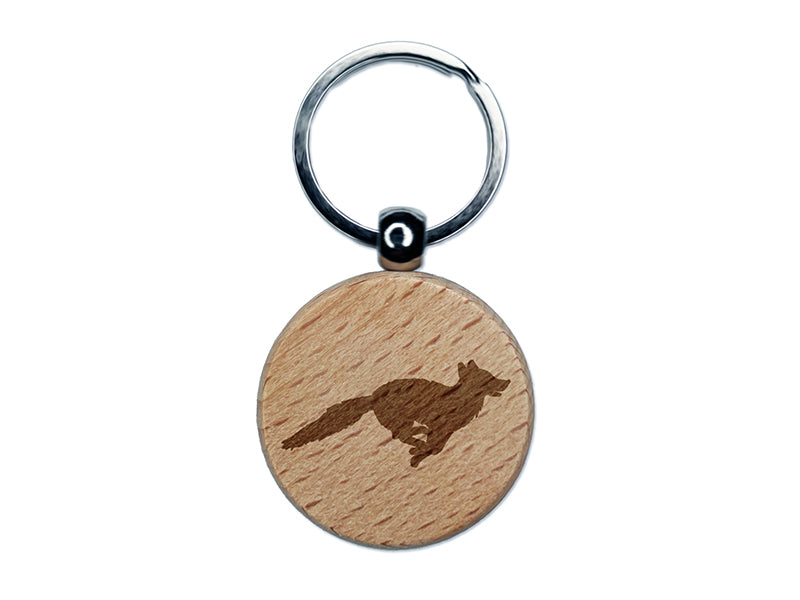 Fox Running Solid Engraved Wood Round Keychain Tag Charm