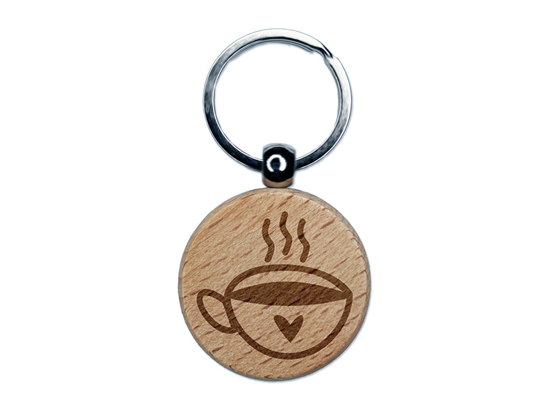 Fun Cup of Tea Coffee with Heart Engraved Wood Round Keychain Tag Charm
