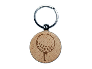 Golf Ball on Tee Engraved Wood Round Keychain Tag Charm