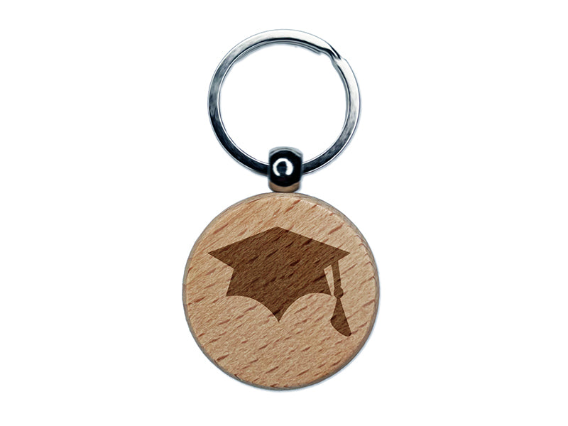 Graduation Cap Solid Engraved Wood Round Keychain Tag Charm