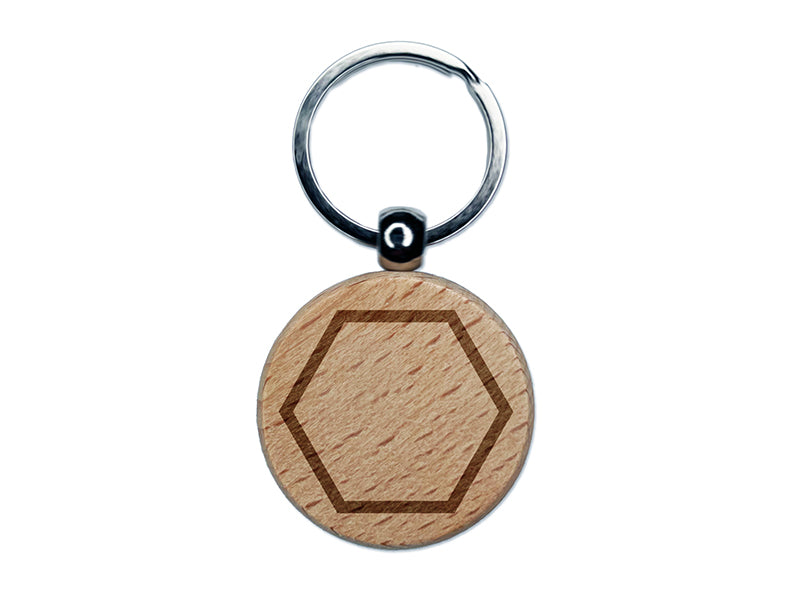 Hexagon Border Outline Engraved Wood Round Keychain Tag Charm