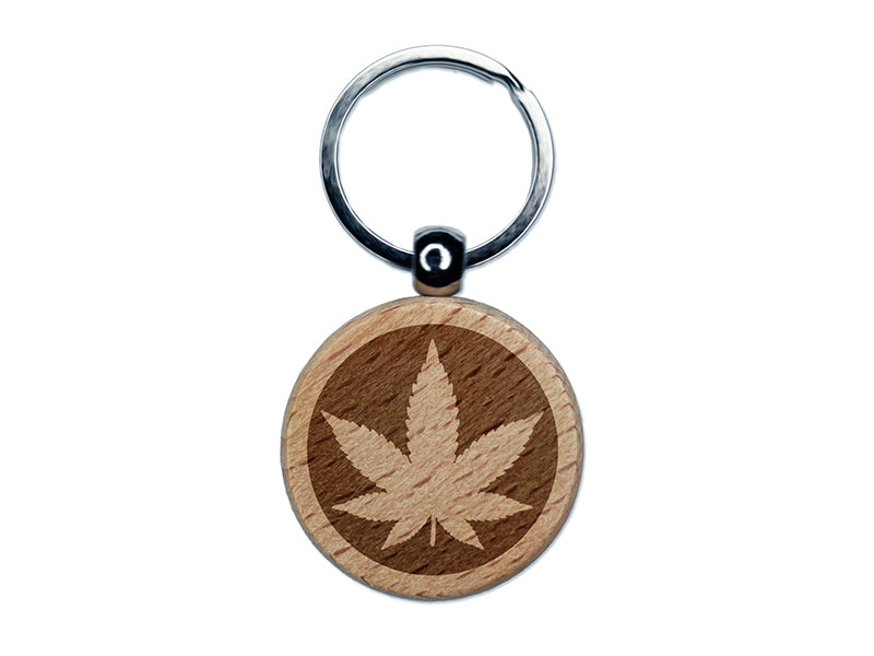 Marijuana Leaf in Circle Engraved Wood Round Keychain Tag Charm