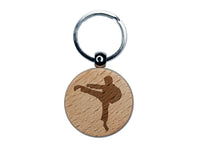 Martial Arts Karate Kick Solid Engraved Wood Round Keychain Tag Charm